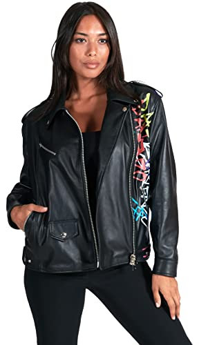 D'Arienzo Chiodo in Pelle Donna Nero Giacca Oversize Biker Pelle Laser Personalizzata Giubbotto Moto Vera Pelle Made in Italy Camy M-L/Nero
