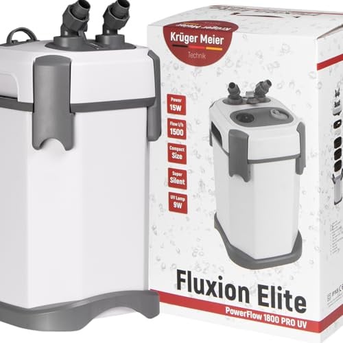 Kruger Meier Fluxion Elite 1800 UVC PRO – Filtro esterno con lampada UV 9W per acquari 120–350L, 1500 l/h, funzionamento silenzioso, sistema multikamere, flusso regolabile, set completo di filtrazione