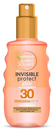 Garnier Sonnenschutzspray mit LSF 30, Unsichtbarer Sonnenschutz gegen vorzeitige Hautalterung, Wasserfest und ohne Fettrückstände, Ambre Solaire Invisible Protect Glow, 1 x 150 ml