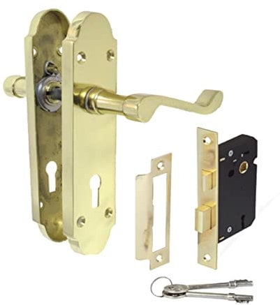 Haven Heritage ® Internal Epsom Lock Door Handles Brass Finish + Lock with Keys - Back Plate 170 x 40mm Sold as 1 Pair