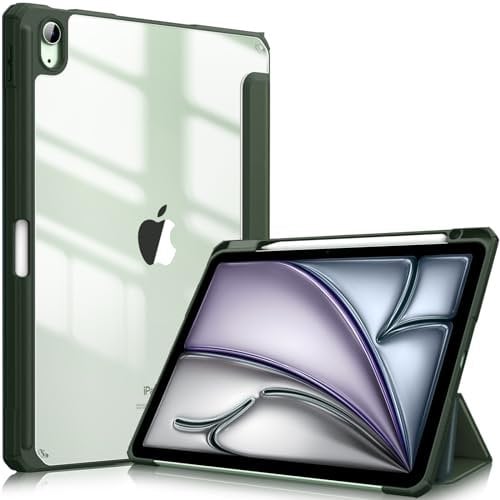 Fintie Funda iPad Air 11 Pulgadas 2025(M3) / 2024(M2), Funda iPad Air 5ª Gen(2022)/4ª Gen(2020) 10.9- Híbrida Delgada Antichoque con Carcasa Trasera Transparente y Soporte para Lápiz - Verde Alpino
