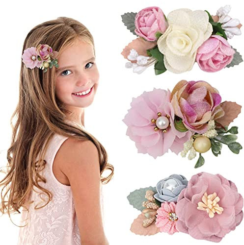 3 Pieces Girls Artificial Flower Hair Accessories Hair Clips Set,Flower Hair Clip Kids Hair Accessories Floral Pink Rose Barrettes for All Ages of Female