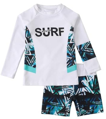 ranrann Enfant Garçon Maillot de Bain 2 Pièces Anti UV T-Shirt Manches Longues et Short de Bain Séchage Rapide Tenue Surf Swimwear 1-8 Ans Blanc 5-6 Ans