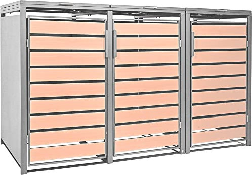STILISTA Mülltonnenverkleidung aus Metall, für 3 Mülltonnen je 240 Liter, Silber Holzoptik