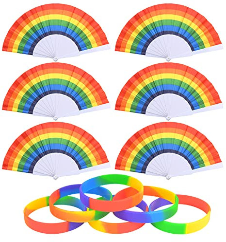 LAMEK 12 Stück Regenbogen Fächer Set Bunt Handfächer Falten Regenbogenfächer Hand Faltfächer mit Regenbogen Armbänder für Sommer Frauen Männer Pride Month Accessoires Party Dekoration