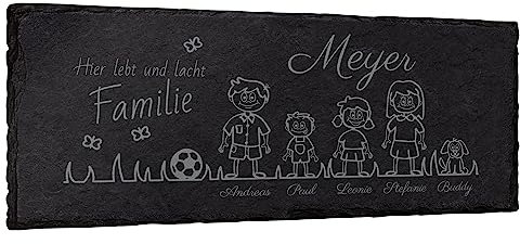 mtb more energy Graviertes Familienschild Türschild Namenschild Familie - frei wähl- und positionierbare Familienmitglieder, Haustiere, Dekoelemente - 25x10 cm - Laser Gravur auf Schiefer