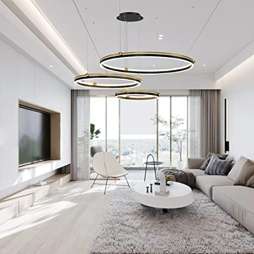 Modern LED Ring Pendelleuchte Dimmbar Wohnzimmerlamp Aluminium Kronleuchter Mit Fernbedienung Schlafzimmer Hängeleuchte Salon Esszimmer Deckenleuchte Metall Acryl Hängelampe,40+60+80 (Schwarz+Gold)