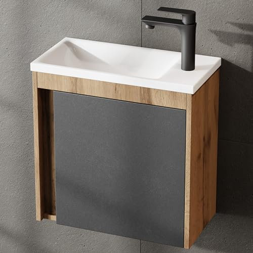 Planetmöbel Badmöbel Set 2-teilig Waschbecken mit Unterschrank 50 x 48,3 x 24,8 cm Wotan Eiche/grau matt, Waschbeckenunterschrank mit Einsatz-Waschbecken weiß