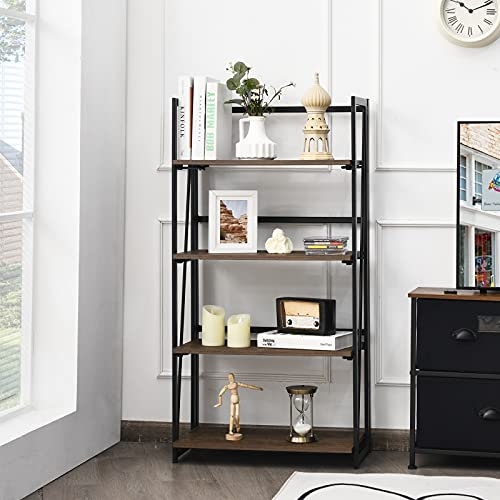 COSTWAY Standregal 4 Ebenen, Bücherregal aus Holz & Metallrahmen, klappbares Leiterregal, industrielles Aufbewahrungsregal für Wohnzimmer & Schlafzimmer & Büro, Kippschutz, Braun, 30x60x117cm