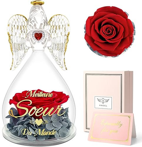 Sunia Cadeau pour Soeur, Cadeau Soeur Ange Rose Eternelle avec l'inscription Meilleure Soeur du Monde, Fleur Eternelle avec Ange Figurine, Idée Cadeau pour Soeur Anniversaire, Cadeau Soeur Noël