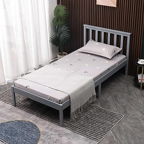 WestWood Single Bed Solid Pine Frame Headboard Durable Shaker Style Low Foot End Wooden Platform With Wood Slat Support Bedroom Furniture Strong Support Legs Adults Kids Teenagers Grey