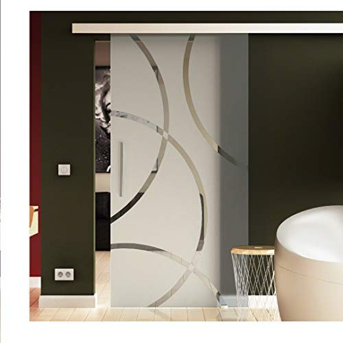 Schiebetür in Glas 205x102,5 cm (HxB) Dessin: Circle Sandstrahlung (C) Sadora® SlimLine-System komplett Laufschiene und Griff aus Edelstahl, für Innenbereich. ESG-Sicherheitsglas