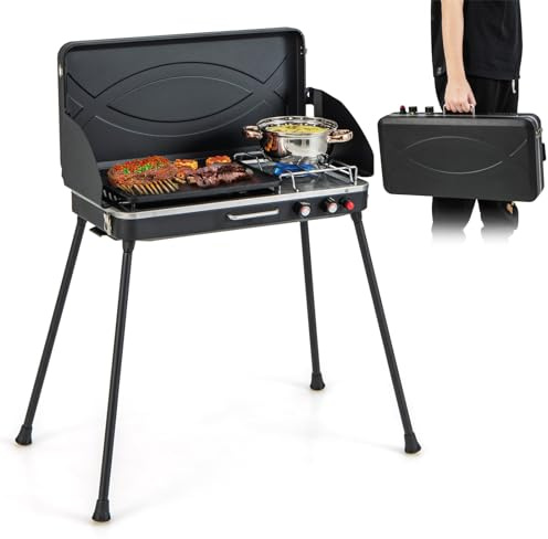 HAPPYGRILL Portable Camping Stove, 2-Burner Propane Grill Cooker with Removable Leg Stand, Roast Grill, Dual Control Knobs, Wind Guards, Outdoor Gas Grill for Camping BBQ Picnic (Black)
