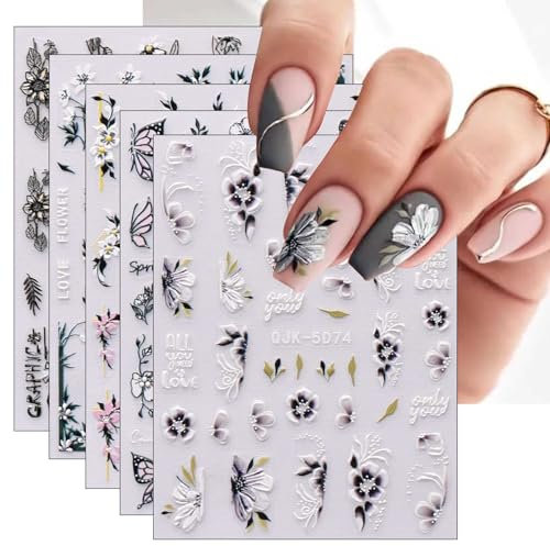 JMEOWIO 6 Sheets 3D Embossed Spring Flower Nail Art Stickers Decals Self-Adhesive 5D Colorful Summer Floral Nail Supplies Nail Art Design Decoration Accessories
