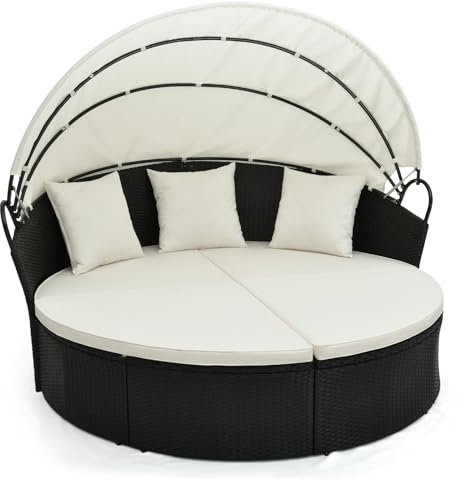 LIFEZEAL Transat Jardin Extérieur Double, Bain de Soleil Rond avec Toit, Canapé-lit avec Coussin et 3 Oreillers, Charge 360kg, pour Piscine, Terrasse, 187x180x157cm