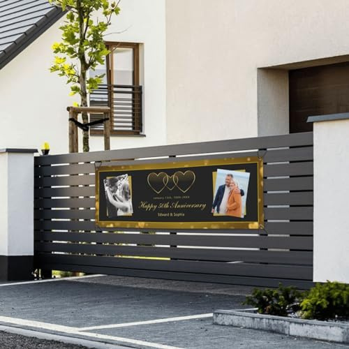 Naispanda Personalisiertes Banner zur Hochzeit mit Fotos Namen Datum und Text Personalisiertes Hochzeitsbanner für Silberhochzeit Goldhochzeit Jubiläum Hochzeitstag Dekoration - 24 x 71 inch