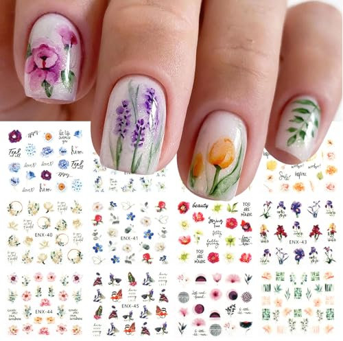jmeowio 12 Sheets Flower Nail Art Stickers Decals Self-Adhesive Spring Summer Colorful Floral Leaves Nail Supplies Nail Art Design Decoration Accessories