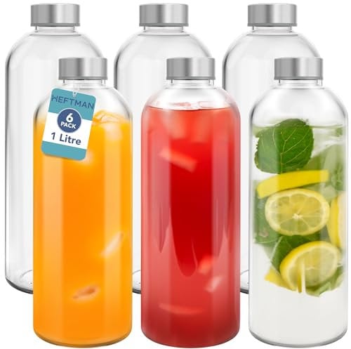 HEFTMAN Lot de 6 Bouteille Verre 1L - Bouteille en Verre 1 Litre avec Couvercles Hermétiques et Brosse de Nettoyage - Bouteilles en Verre Vides pour Boissons, Eau, Smoothies, Jus, Vinaigrettes