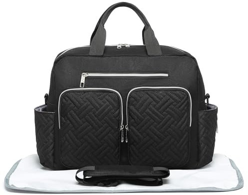 KONO Baby Wickeltasche Weekender Travel Nappy Tote für Mama und Papa Convertible Messenger mit isolierten Taschen (große Tasche mit Wickelauflage Schwarz)