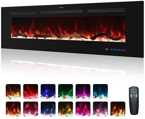 Kentsky 127 cm elektrischer Kamin, Einbaukamin und Wandheizung, 750W/1500W linearer Kamin mit Fernbedienung, Touchscreen, 13 Flammenfarben, Timer, Log-Kristall