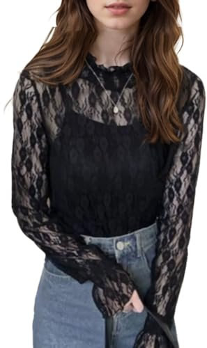 EMOTTOS Tops de Encaje Sexy de para Mujer, Camiseta de Malla con Estampado de Flores Escote Medio Alto, Elegante Festival Camiseta Rejilla Transparente para Señoras, Negro, M