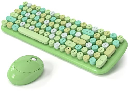 Wireless Keyboard and Mouse Combo, MOWUX - Modern Compact Layout, Colorful Compact Candy Mouse and Retro Round Keyboard Set with Cover, for PC/Laptop/Windows/Mac - Green Colorful