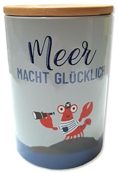 Maritime Vorratsdose mit Bambusdeckel, Meer Macht Glücklich Design, Keramik Aufbewahrungsdose mit Krabbe-Motiv, blau