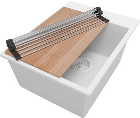 PRIMAGRAN Fregadero Cocina Todo Blanco 38x50cm, Fregadero Granito 1 Seno + Sifón + Accesorios, Fregadero sobre encimera al mueble 40cm - Riga