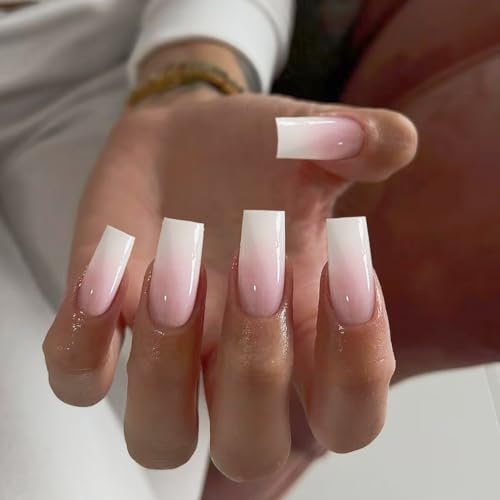 KQueenest Ombre Press on Nails Long Medium Square, French Tip False Nails Long Coffin, Gradient White Pink Fake Nails Press ons, Perfectly Fit, Reusable Gel Stick on Nail for Women Daily Wear 24 Pcs