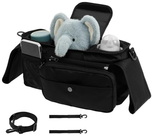 Kinderwagen Organizer Tasche mit 2 Isolierung Getränkehalter, Buggy Organizer mit Abnehmbare Reißverschlusstasche Verstellbarer Schultergurt, Buggy Kinderwagentasche zur Babyartikeln (Schwarz)