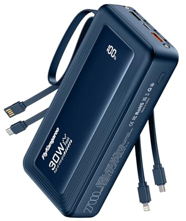 FlyKangaroo Powerbank 27000mAh mit 4 integrierten Kabel, 30W Power Bank USB C Schnellladefunktion mit LED Display, Externe Handyakkus für iPhone 17/16/15/14/13/12/11 iPad Samsung Galaxy