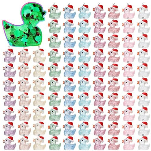 Asyduey Christmas Mini Resin Ducks Christmas Tiny Duck Mini Resin Animals Miniature Glow in the Dark Duck Charms,100PCS Easy Install