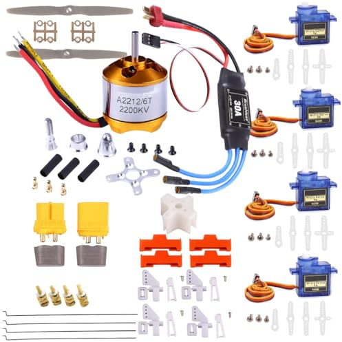 DIY RC Plane Kit – A2212 KV2200 Brushless Motor, Esc Brushless Motor Speed Controller,SG90 Servo, 6x4 Prop, TXT60 plug, Z-Wire, Motor Seat, Rudder Angle & Connector Protectors – Fixed-Wing Parts Set E
