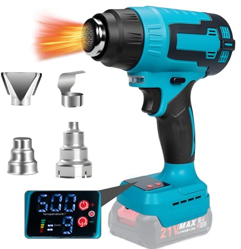 Caossuixin Cordless Heat Gun for 18-20V Battery, （No Battery）Cordless Hot Air Gun with 9 Stage Air Volume Settings & Display Screen, Temperature Up to 500 °C with 4 Nozzles for Welding, Bending Pipes
