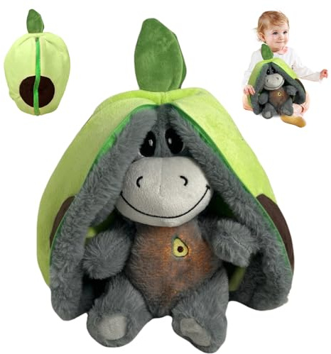 KUWUNG Atmendes Kuscheltier Esel, 32cm Herzschlag Plüsch Esel mit Atmung, Musik und Lichtern, Weiches Erdbeer Avocado Plüschtier Puppe, Kuscheltier Atmet Esels zum Linderung Angstzuständen (Grün)