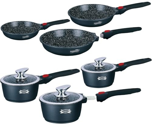 HAUSSMANN Heritage Lot 3 Poêles 20/24/28cm + 3 Casseroles 16/18/20cm | Couvercle en Verre, Manche Amovible, Revêtement Antiadhésif Type Pierre, Tous Feux dont Induction, Sans PFOA