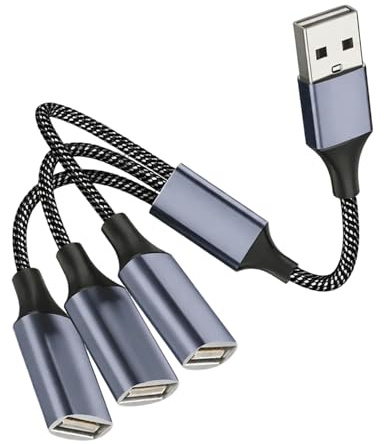 Répartiteur USB 1 vers 3 en Y USB 2.0, câble USB-A mâle vers 3 femelles pour transfert de données 480 Mbps et alimentation 5V 1,5A, câble nylon tressé compatible PC, Mac, PS4 PS5 et autoradios