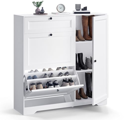 Xbro Schuhschrank mit Schublade, 2 Klappen und Tür, Schuhkipper Schmal, Schuhregal für 20–25 Paar Schuhe, mit verstellbaren Trennwänden, für Flur und Eingangsbereich, 100 x 29,7 x 104 cm, Weiß
