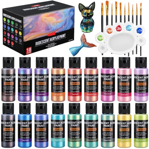 sitarcmin Pintura acrílica iridiscente, 18 colores camaleón, 2 oz/60 ml | Iridescent, no tóxico, de alta viscosidad, miscible, pinturas sobre rocas artesanías lienzo madera, tela, cerámica y piedra