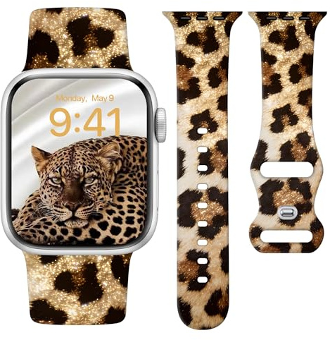 Vamyzji Leopard Silicone Strap for Apple Watch 40mm 42mm 41mm 38mm 44mm 45mm 46mm 49mm, Soft Sport Leopard Print Silicone Strap for iWatch Series 11/10/9/8/7/6/5/4/3/2/1 SE/SE2/SE3/Ultra 3 2 1