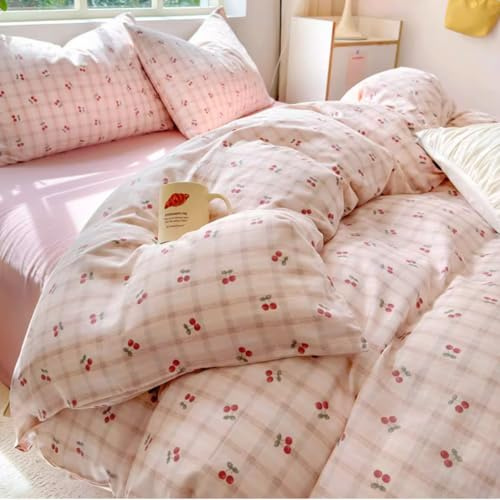 AShanlan Bettwäsche 140x200 Kariert Kirschen Bettbezug Kissenbezug 70x90 cm | ÖkoTex Bettwäsche-Sets, Microfaser, Rosa Karomuster Bettwäsche Set, Reißverschluss, 2teilig