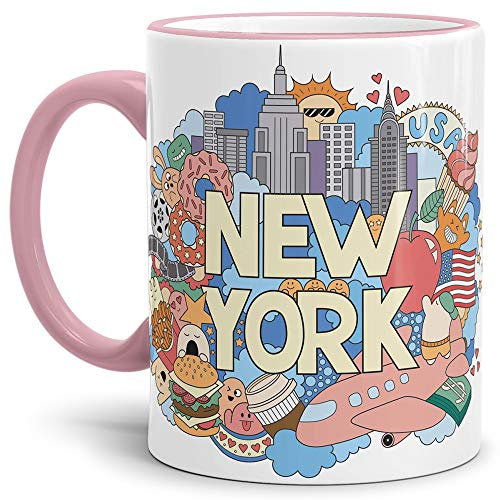 New York Tasse Comic-Style Rand und Henkel Rosa - Kaffeetasse/Mug/Cup - Qualität Made in Germany