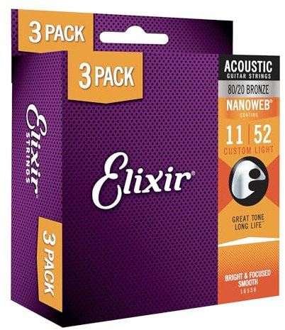Elixir Pack de 3 juegos de cuerdas - Cuerdas de guitarra acústica Strings de bronce en proporción 80/20 con recubrimiento NANOWEB, calibre ligero personalizado (.011-.052)