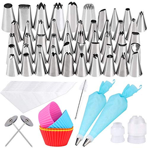 Gyvazla Boquillas para Manga Pastelera Decoración, 72 Piezas Set con 50 Boquillas, 2 Bolso de Pastelería, 10 Desechable Bolso, 2 Acopladores, 2 Soporte, 5 Moldes de Silicona y Cepillo de Limpieza