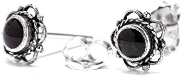 Bohemia Ohrstecker SIANA Ø 7 mm Schwarzer Onyx Mittelalter Ornamentik Vintage 925 Sterlingsilber