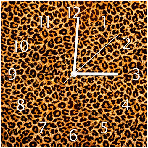 Wallario Design-Wanduhr Leopardenmuster in orange schwarz aus Glas, Motiv-Uhr Größe 30 x 30 cm, weiße Zeiger