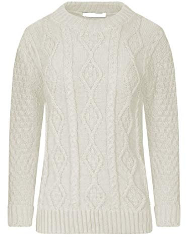 Red Olives Ladies Womens New Chunky Diamond Cable Knitted Long Sleeve Sweater Pull Over Jumper Top (12/14, Cream)