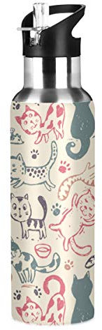 Stainless Steel Water Bottle with Straw, Cute Cat Insulated Drink Flask Sports Water Bottle for Kids Adults, Leakproof, 600ml