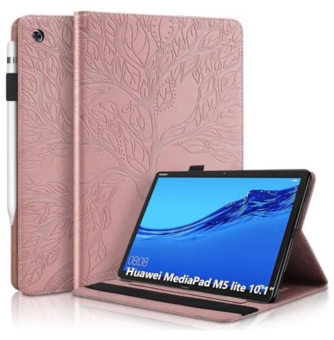 Aswant Huawei Mediapad M5 Lite 10 Hülle Geprägter Baum PU PU Leder Brieftasche BookStyle Flip Cover Stand Kartensteckplatz Tablet Schutzhülle Für Huawei Mediapad M5 Lite/C5 10.1 Zoll 2018 - Roségold