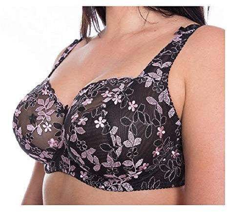 Gem Women's Full Cup Lace Embroidered Plus Size Underwired Bra (Black-Pink, 46H)